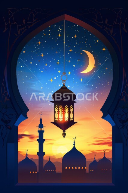 الاستعداد لاستقبال شهر الخير والبركة، المناسبات والأعياد الدينية, أجواء الروحانية في رمضان المبارك، زينة وخلفيات وديكورات رمضانية، نافذة منحوتة على الطراز العربي الاسلامي, منظر القبب والمآذن وقت الغروب، الفوانيس الذهبية المضيئة