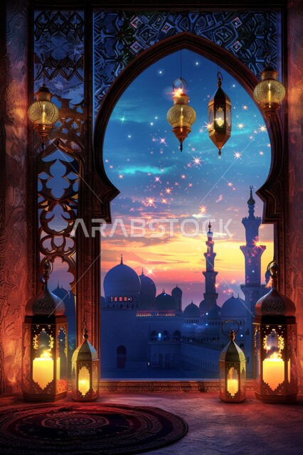 الاستعداد لاستقبال شهر الخير والبركة، المناسبات والأعياد الدينية, أجواء الروحانية في رمضان المبارك، زينة وخلفيات وديكورات رمضانية، نافذة منحوتة على الطراز العربي الاسلامي, منظر القبب والمآذن وقت الغروب، الفوانيس الذهبية المضيئة