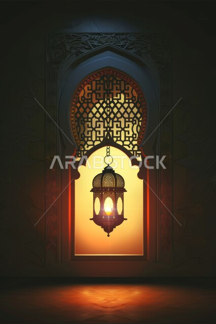 الاستعداد لاستقبال شهر الخير والبركة، المناسبات والأعياد الدينية, أجواء الروحانية في رمضان المبارك، زينة وخلفيات وديكورات رمضانية، نافذة منحوتة على الطراز العربي الاسلامي, الفوانيس الذهبية المضيئة