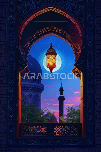 Ramadan decorations, backgrounds and decorations, preparing to welcome the month of goodness and blessings, religious occasions and holidays, the atmosphere of spirituality in the blessed Ramadan, the view of domes and minarets at night, a window carved in the Arab-Islamic style, illuminated golden lanterns