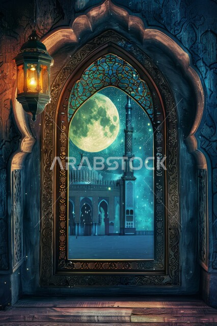 Ramadan decorations, backgrounds and decorations, preparing to welcome the month of goodness and blessings, religious occasions and holidays, the atmosphere of spirituality in the blessed Ramadan, the view of domes and minarets at night, a window carved in the Arab-Islamic style, illuminated golden lanterns