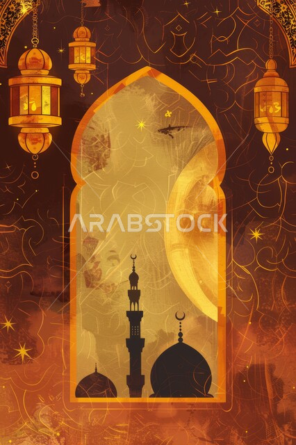 Ramadan decorations, backgrounds and decorations, preparing to welcome the month of goodness and blessings, religious occasions and holidays, the atmosphere of spirituality in the blessed Ramadan, the view of domes and minarets at night, a window carved in the Arab-Islamic style, illuminated golden lanterns