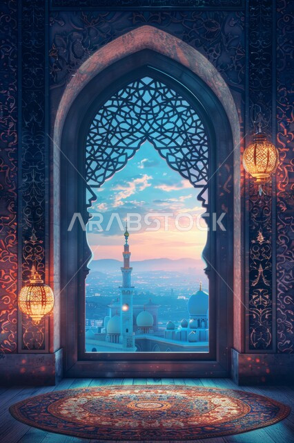 خلفيات وديكورات وزينة رمضانية، الاستعداد لاستقبال شهر الخير والبركة، المناسبات والأعياد الدينية, أجواء الروحانية في رمضان المبارك، منظر القبب والمآذن ليلا، نافذة منحوتة على الطراز العربي الاسلامي, الفوانيس الذهبية المضيئة