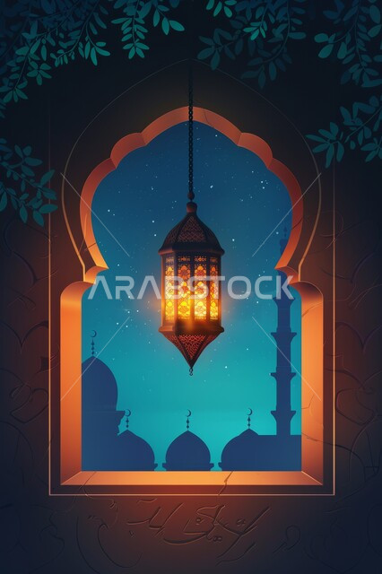Ramadan backgrounds, decorations and decorations, preparing to welcome the month of goodness and blessings, religious occasions and holidays, the atmosphere of spirituality in the blessed Ramadan, the view of domes and minarets at night, a carved window in the Arab-Islamic style, illuminated golden lanterns