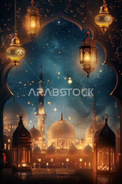 خلفيات وديكورات وزينة رمضانية، الاستعداد لاستقبال شهر الخير والبركة، المناسبات والأعياد الدينية, أجواء الروحانية في رمضان المبارك، منظر القبب والمآذن ليلا، نافذة منحوتة على الطراز العربي الاسلامي, الفوانيس الذهبية المضيئة