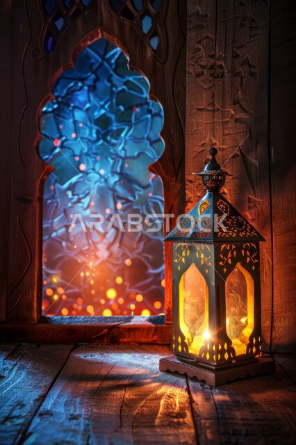 Ramadan decorations, backgrounds and decorations, preparing to welcome the month of goodness and blessings, religious occasions and holidays, the atmosphere of spirituality in the blessed Ramadan, a carved window in the Arab-Islamic style, illuminated golden lanterns