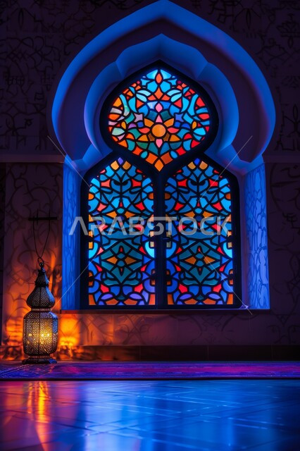 ديكورات وخلفيات وزينة رمضانية، الاستعداد لاستقبال شهر الخير والبركة، المناسبات والأعياد الدينية, أجواء الروحانية في رمضان المبارك، نافذة منحوتة على الطراز العربي الاسلامي, الفوانيس الذهبية المضيئة