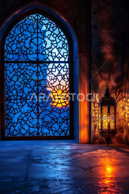 ديكورات وخلفيات وزينة رمضانية، الاستعداد لاستقبال شهر الخير والبركة، المناسبات والأعياد الدينية, أجواء الروحانية في رمضان المبارك، نافذة منحوتة على الطراز العربي الاسلامي, الفوانيس الذهبية المضيئة