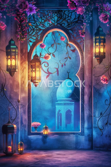 منظر القبب والمآذن من النافذة المنحوتة على الطراز العربي الاسلامي, ديكورات وخلفيات وزينة رمضانية، الاستعداد لاستقبال شهر الخير والبركة، المناسبات والأعياد الدينية, أجواء الروحانية في رمضان المبارك، الفوانيس الذهبية المضيئة
