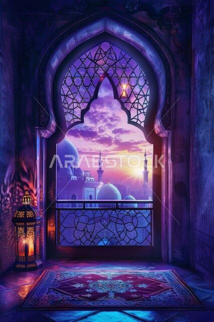 منظر القبب والمآذن من النافذة المنحوتة على الطراز العربي الاسلامي, ديكورات وخلفيات وزينة رمضانية، الاستعداد لاستقبال شهر الخير والبركة، المناسبات والأعياد الدينية, أجواء الروحانية في رمضان المبارك، الفوانيس الذهبية المضيئة