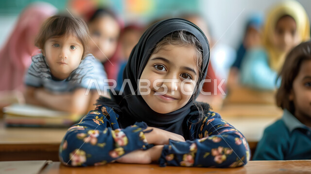 التربية والتعليم بالمناهج المقررة للطلاب في المملكة العربية السعودية، طالبة عربية خليجية سعودية مبتسمة ترتدي الحجاب تجلس داخل الفصل الدراسي، النظر الى الكاميرا بايماءات الفرح والسعادة لعودة المدارس