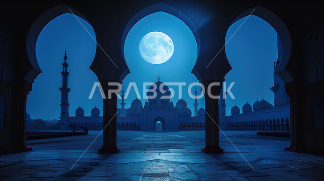 أماكن اسلامية مقدسة على الطراز الإسلامي العصري الحديث، العباده والتقرب إلى الله، الفن الهندسي المعماري لبناء المساجد في المملكة العربية السعودية، صورة ظلية للقبب و المآذن في الليل مع القمر المكتمل المضيء, سالويت