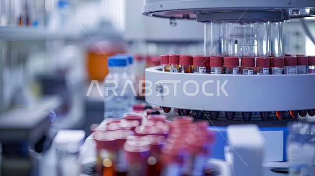 إجراء تجارب وأبحاث علمية عبر التكنولوجيا الحيوية، مختبرات الفحوصات الطبية والتحاليل الكيمائية، معمل الصناعات الدوائية، صورة مقربه لأجهزه طبيه حديثه بالمختبر، استخدام الأنابيب الزجاجية المعقمة لتحليل عينات الدم المختلفة