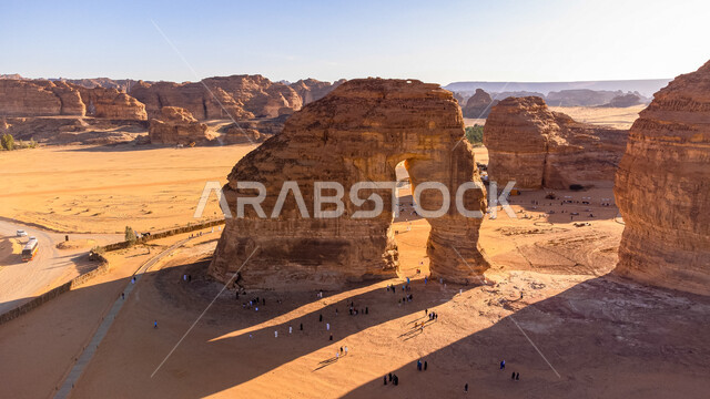 Terrain, peaks and mountain heights, rock formations in desert areas, tourist places in the Kingdom of Saudi Arabia, Elephant Rock in Al-Ula Governorate, ancient historical monuments