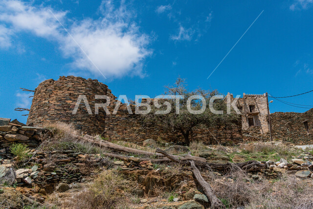 Heritage castles built of stones, ancient architectural art, Bakhrush bin Al-As Castle in the Al-Baha region, ancient stone houses and buildings, famous tourist attractions in the Kingdom of Saudi Arabia