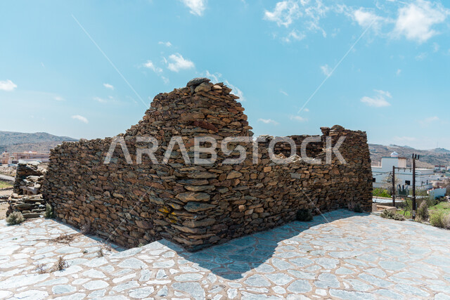Old-style architectural art, heritage castles built of stones, Bakhroush bin Al-As Castle in the Al-Baha region, ancient stone houses and buildings, famous tourist attractions in the Kingdom of Saudi Arabia