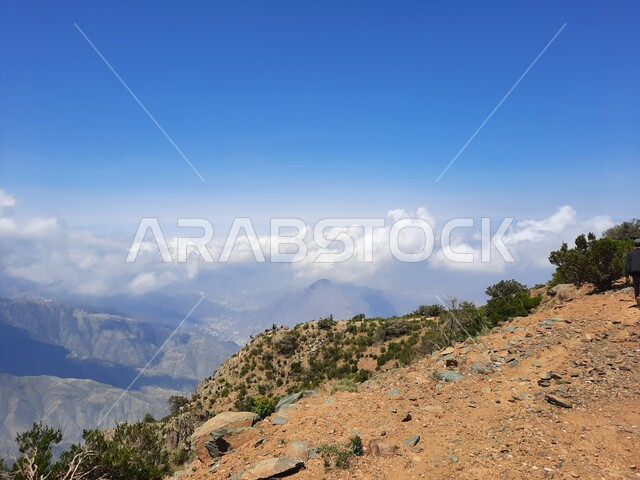 The growth of wild herbs and green plants in the peaks and highlands, the view of white clouds in the summer atmosphere in Asir, rocky mountain formations and formations in the city of Abha in the Kingdom of Saudi Arabia, cities and natural tourist places.
