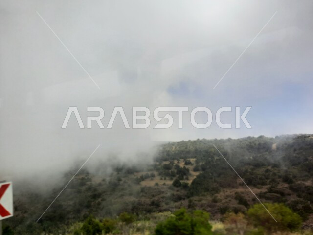 الأجواء الضبابية والغيوم الكثيفة في سماء عسير، التكوينات والتشكيلات الجبلية الصخرية في مدينة ابها، مدن وأماكن سياحية طبيعية في المملكة العربية السعودية، نمو الأعشاب البرية والنباتات الخضراء في القمم والمرتفعات