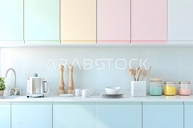 مطبخ بديكورات داخلية عصرية فاخرة باللون الاخضر والوردي ، فنون الهندسة المعمارية المتميزة الحديثة، شقق وفلل سكنية في المملكة العربية السعودية، الطراز الفني الراقي في الأثاث المنزلي، المعدات والأواني المنزلية المرتبة