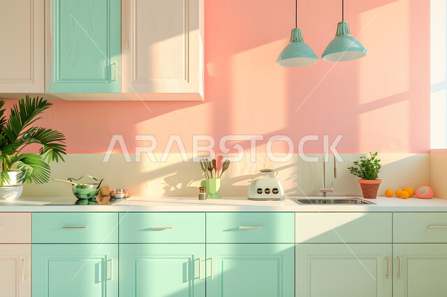 مطبخ بديكورات داخلية عصرية فاخرة باللون الاخضر والوردي ، فنون الهندسة المعمارية المتميزة الحديثة، شقق وفلل سكنية في المملكة العربية السعودية، الطراز الفني الراقي في الأثاث المنزلي، المعدات والأواني المنزلية المرتبة