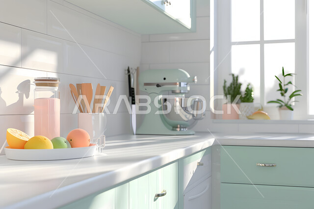 مطبخ بديكورات داخلية عصرية فاخرة باللون الاخضر والوردي ، فنون الهندسة المعمارية المتميزة الحديثة، شقق وفلل سكنية في المملكة العربية السعودية، الطراز الفني الراقي في الأثاث المنزلي، المعدات والأواني المنزلية المرتبة