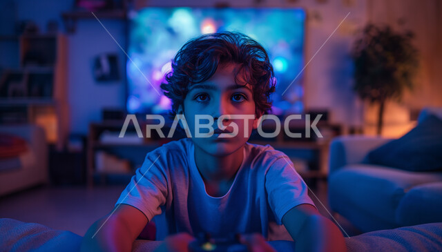 ايماءات وتعابير التركيز والاندماج، صورة مقربة لولد عربي خليجي سعودي يمسك عصا التحكم يجلس في غرفة المعيشة، قضاء أوقات ممتعة في المنزل، الاستمتاع باللعب في ألعاب الفيديو، استخدام الأجهزة التقنية الحديثة