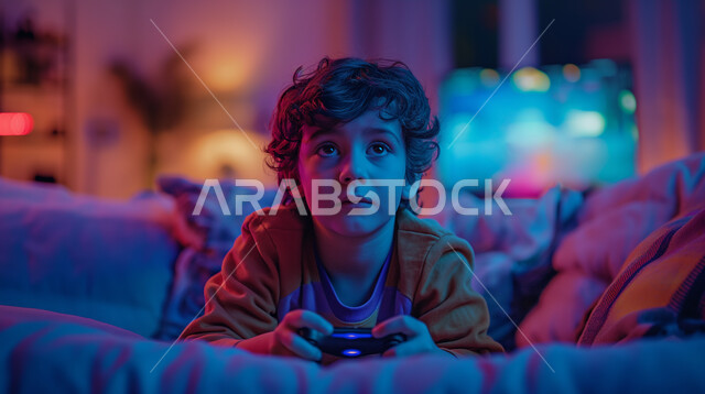  الاستمتاع باللعب في ألعاب الفيديو، ايماءات وتعابير التركيز والاندماج، صورة مقربة لولد عربي خليجي سعودي يمسك عصا التحكم يجلس في غرفة المعيشة، قضاء أوقات ممتعة في المنزل، استخدام الأجهزة التقنية الحديثة