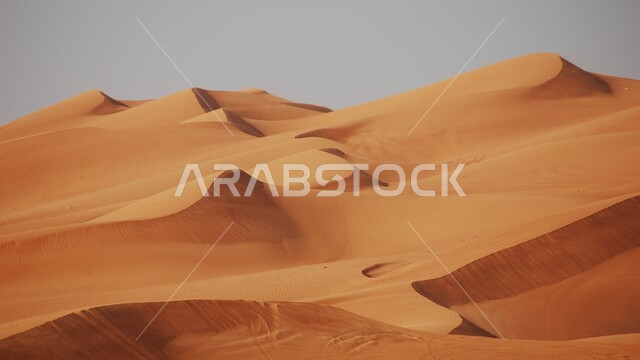 Badia areas and the natural desert environment in the Emirate of Dubai, formations and formations of sand in the desert of the United Arab Emirates, plateaus and soft golden sand hills.