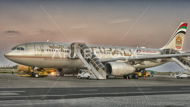 الاستعداد للطيران والانطلاق, منظر الغيوم والسحاب في السماء, صورة مقربة لطائرة في مطار الامارات العربية المتحدة, الرحلات الجوية للسفر, خطوط النقل الاماراتية, رحلات سياحية والتجول حول العالم