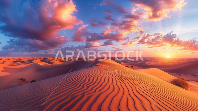 التضاريس والمرتفعات والقمم الجبلية في البراري، منظر غروب الشمس على الرمال الناعمة والكثبان الرملية الذهبية، التكوينات والتشكيلات الصخرية في صحراء المملكة العربية السعودية، مناطق البادية والبيئة الطبيعية الصحراوية، خلفيات الطبيعة