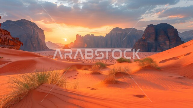 منظر غروب الشمس على الرمال الناعمة والكثبان الرملية الذهبية، التضاريس والمرتفعات والقمم الجبلية في البراري، التكوينات والتشكيلات الصخرية في صحراء المملكة العربية السعودية، مناطق البادية والبيئة الطبيعية الصحراوية، خلفيات الطبيعة