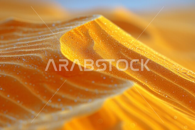 تكوينات وتشكيلات التضاريس الرملية في الصحاري ، صورة مقربة للرمال الذهبية الناعمة اللامعة ، مناطق البادية والبيئة الطبيعية الصحراوية في المملكة العربية السعودية ، خلفيات الطبيعة