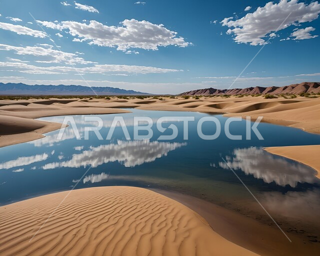 البحيرات المائية في المناطق الصحراوية، انعكاس الغيوم البيضاء على صفحة مياه البحيرة، المحميات الطبيعية في المملكة العربية السعودية، التلال والكثبان الرملية الناعمة في الصحراء، مناطق رحلات السفاري الترفيهية، منظر السحب في السماء الزرقاء، خلفية الطبيعة