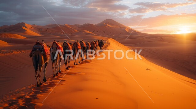 الإهتمام في تربية ورعاية الحيوانات ، أماكن سياحية صحراوية، المناظر الطبيعية والرمال الذهبية الناعمة، استخدام الإبل في التنقل في صحارى المملكة العربية السعودية، مجموعة من الجمال تسير فوق الكثبان الرملية في الصحراء