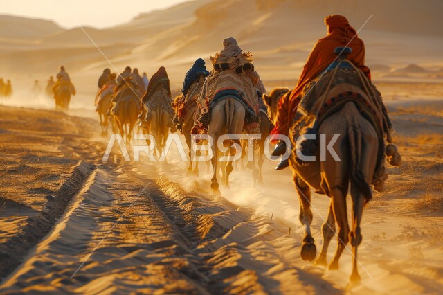 Landscapes and soft golden sand, using camels to move around in the deserts of the Kingdom of Saudi Arabia, a group of camels walking over sand dunes in the desert, desert tourist places, interest in raising and caring for animals