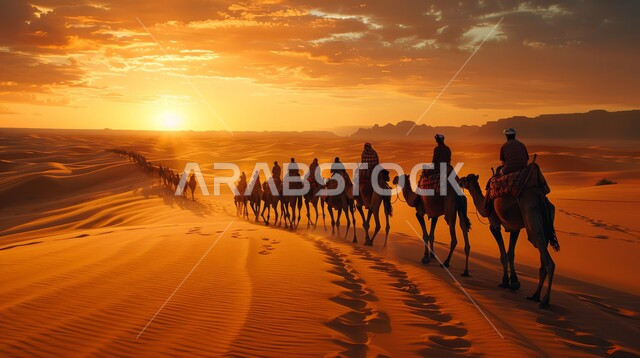 A group of camels walking over sand dunes in the desert, using camels to move around in the deserts of the Kingdom of Saudi Arabia, landscapes and soft golden sand, desert tourist places, interest in raising and caring for animals
