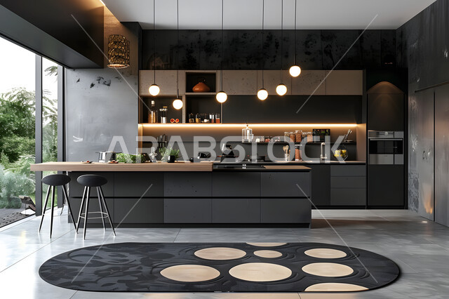 التصميم الهندسي الكلاسيكي للمطابخ، أدوات منزلية حديثة بتقنيات عالية، الفلل والشقق السكنية في المملكة العربية السعودية، نوافذ وواجهات زجاجية مطلة على الطبيعة، مطبخ فاخر وراقي باللون الأسود