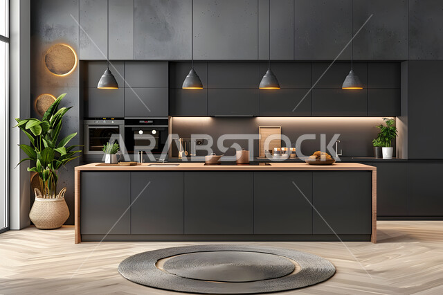 الاهتمام بزراعة نباتات الزينة المنزلية، الفلل والشقق السكنية في المملكة العربية السعودية، التصميم الهندسي الكلاسيكي للمطابخ، مطبخ فاخر وراقي باللون الأسود، أدوات منزلية حديثة بتقنية عالية