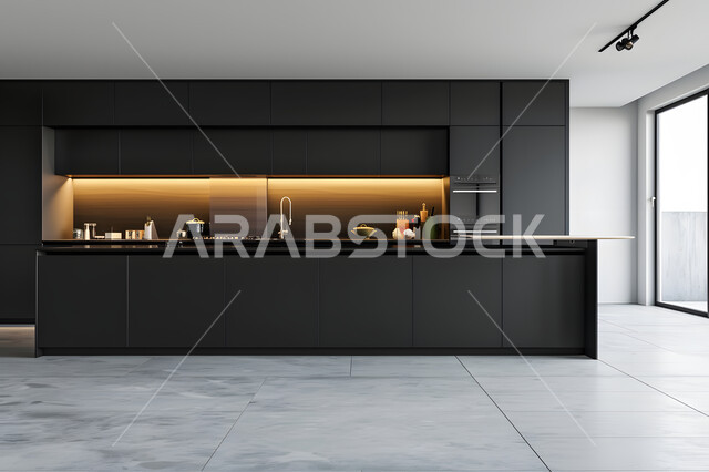 الديكور الداخلي الراقي والبسيط، التصاميم العصرية الحديثة للمطابخ، الشقق والفلل السكنية في المملكة العربية السعودية، مطبخ كلاسيكي باللون الأسود، الفن الهندسي والديكورات الفاخرة