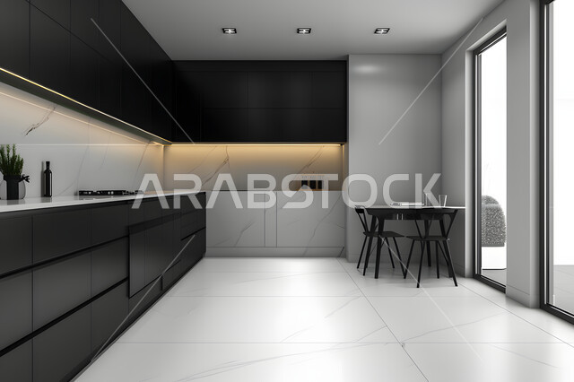 الواجهات والنوفذ الزجاجية للمطابخ، الديكور الداخلي الراقي والبسيط، التصاميم العصرية الحديثة الشقق والفلل السكنية في المملكة العربية السعودية، مطبخ كلاسيكي باللون الأسود والأبيض، الفن الهندسي والديكورات الفاخرة، مجموعة من الكراسي حول طاولة الطعام