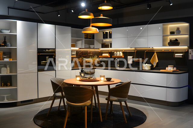 الأواني المنزلية المرتبة على الرفوف، الديكورات والتصاميم الحديثة للمطابخ في الشقق والفلل السكنية، ديكور داخلي على الطراز الكلاسيكي الحديث، الأثاث المنزلي الراقي لمطبخ كلاسيكي، مجموعة من الكراسي حول طاولة طعام، استخدام الفوانيس في إضاءة وتزيين المطابخ