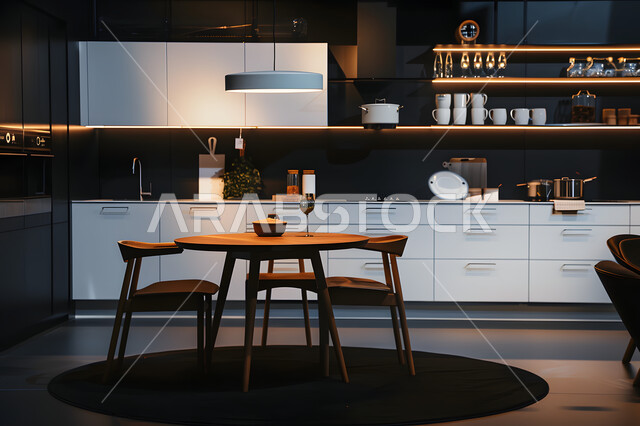 مجموعة من الكراسي حول طاولة طعام، الأواني المنزلية المرتبة على الرفوف، الديكورات والتصاميم الحديثة للمطابخ في الشقق والفلل السكنية، ديكور داخلي على الطراز الكلاسيكي الحديث، الأثاث المنزلي الراقي لمطبخ كلاسيكي