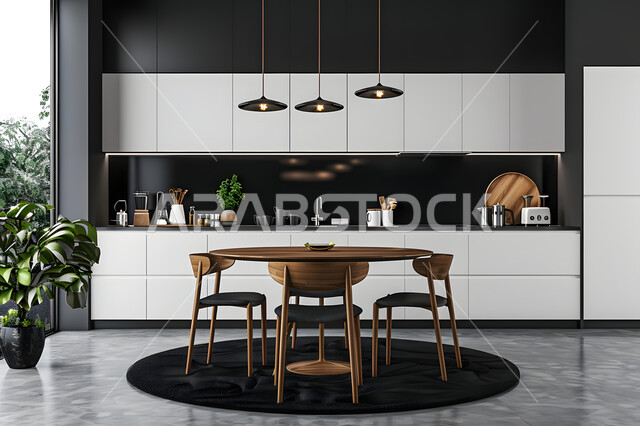 واجهة زجاجية مطلة على الطبيعة داخل مطبخ سعودي، مجموعة من الكراسي حول طاولة طعام، الأواني المنزلية المرتبة، الديكورات والتصاميم الحديثة للمطابخ للشقق والفلل السكنية، ديكور داخلي على الطراز الكلاسيكي الحديث، الاهتمام بزراعة نباتات الزينة المنزلية