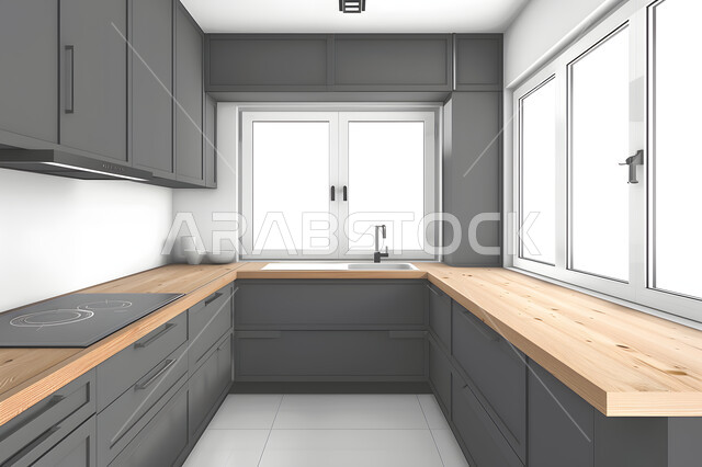 مطبخ كلاسيكي بخزائن رمادية أنيقة، الديكور الداخلي الراقي والبسيط للمطابخ السعودية، النوافذ والواجهات الزجاجية، التصاميم العصرية الحديثة للشقق والفلل السكنية في المملكة العربية السعودية