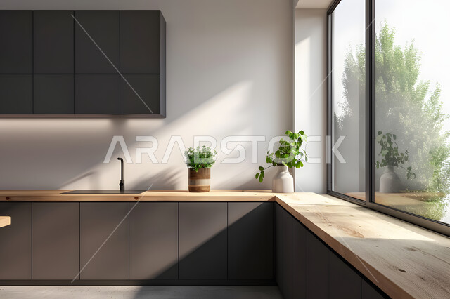 انعكاس أشعة الشمس عبر النافذة، الواجهات الزجاجية المطلة على الطبيعة، الديكور الداخلي الراقي والبسيط للمطابخ، التصاميم العصرية الحديثة للشقق والفلل السكنية في المملكة العربية السعودية، مطبخ كلاسيكي بخزائن رمادية، الاهتمام بزراعة نباتات الزينة المنزلية