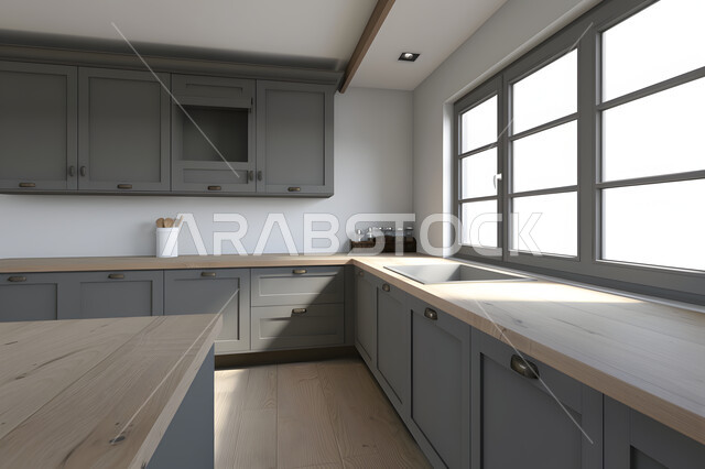 النوافذ الزجاجية المطلة على الطبيعة، الديكور الداخلي الراقي والبسيط للمطابخ، التصاميم العصرية الحديثة للشقق والفلل السكنية في المملكة العربية السعودية، مطبخ كلاسيكي بخزائن رمادية