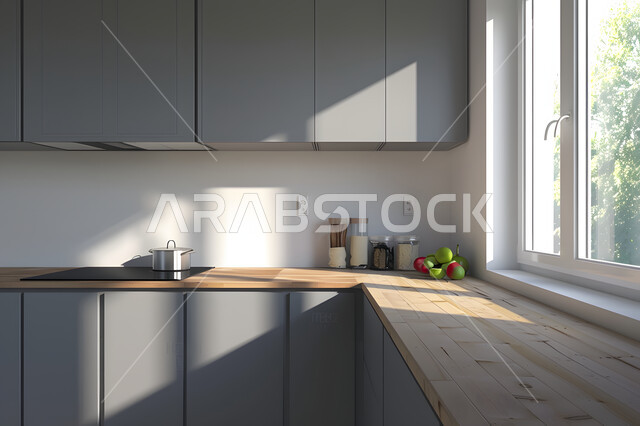 الواجهات الزجاجية المطلة على الطبيعة، انعكاس أشعة الشمس عبر النافذة، الديكور الداخلي الراقي والبسيط للمطابخ، التصاميم العصرية الحديثة للشقق والفلل السكنية في المملكة العربية السعودية، مطبخ كلاسيكي بخزائن رمادية