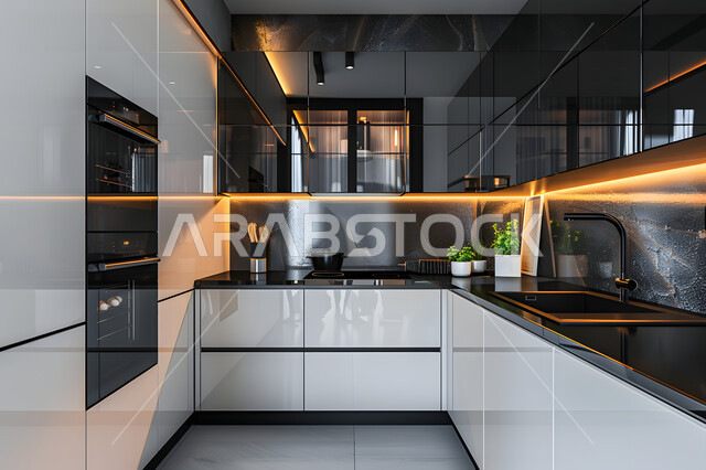ديكور داخلي لمطبخ فاخر وراقي باللون الأبيض والأسود، الشقق والفلل السكنية في المملكة العربية السعودية، التصميم الهندسي الكلاسيكي للمطابخ، أدوات منزلية حديثة بتقنيات عالية، الاهتمام بزراعة نباتات الزينة المنزلية