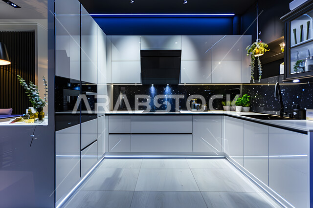 التصميم الهندسي الكلاسيكي للمطابخ، ديكور داخلي لمطبخ فاخر وراقي باللون الأبيض والأسود، الشقق والفلل السكنية في المملكة العربية السعودية، أدوات منزلية حديثة بتقنيات عالية، الاهتمام بزراعة نباتات الزينة المنزلية