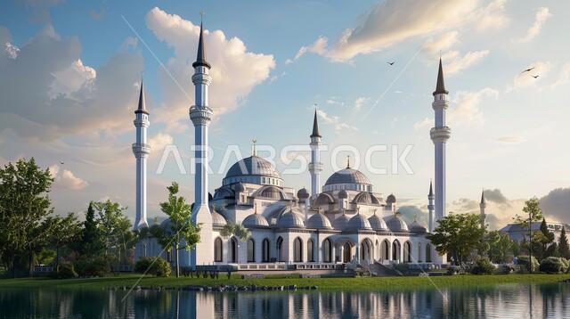 الفن الهندسي المعماري للمساجد السعودية على الطراز الاسلامي، مسجد عريق محاط بالطبيعة في وسط البحيرة، السماء المليئة بالسحب والغيوم، القبب والمآذن المتميزة، مفهوم العبادة والتقرب إلى الله